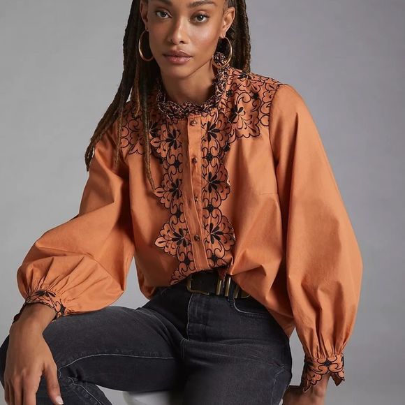 Anthropologie Scalloped Embroidered Buttondown NWT Size 10 - Picture 2 of 9